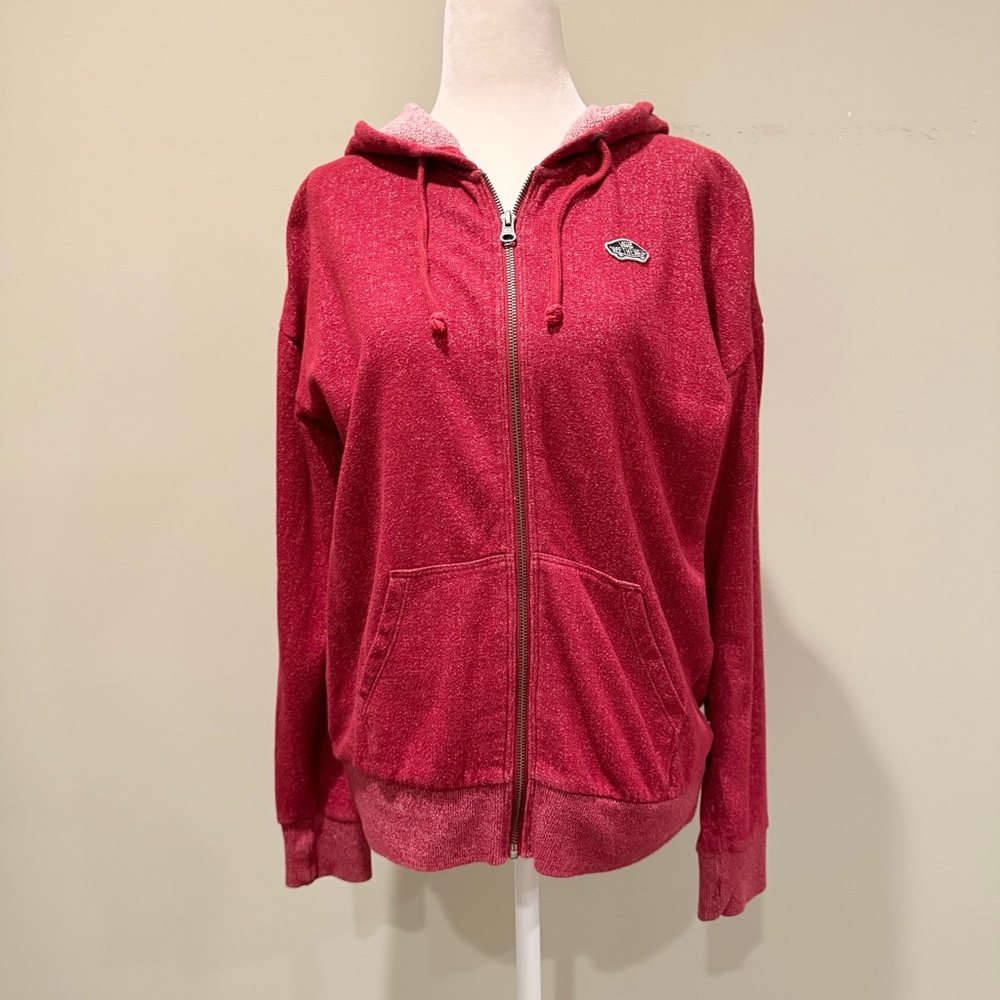VANS women red speckled heather cozy slubby slouchy zip up hoodie patch logo S